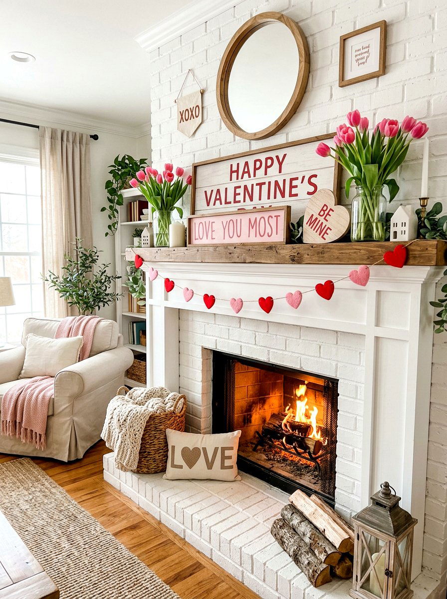Pink And Red Valentine Mantle - 30 Valentine home decor ideas