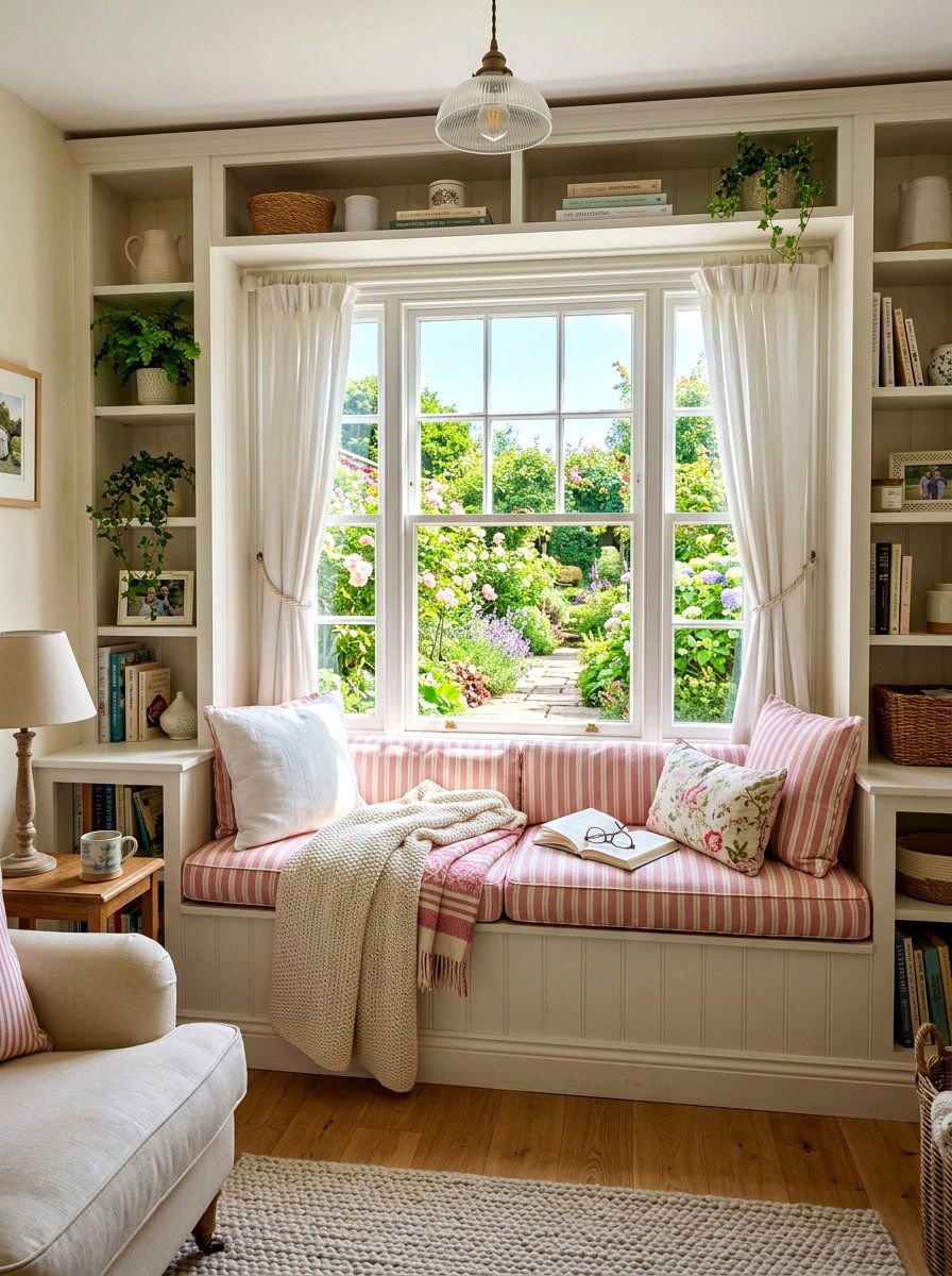 Pink And White Stripe Window Seat - 30 circus stripe living room ideas