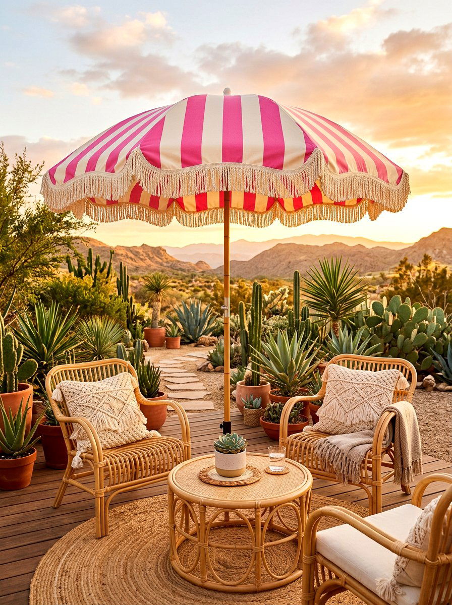 Pink And White Striped Fringe Umbrella - 30 poolside striped umbrellas ideas