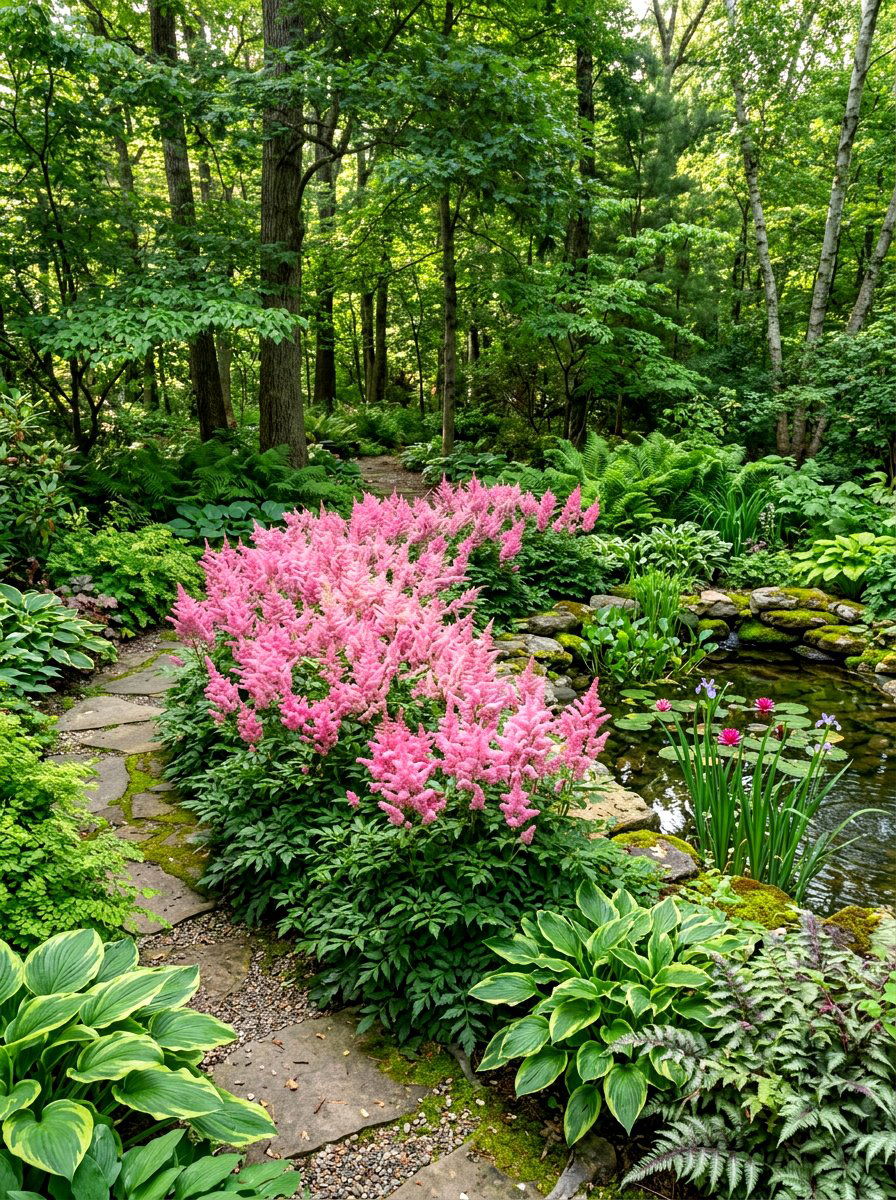 Pink Astilbe Shade Bed - 30 pink flower bed ideas