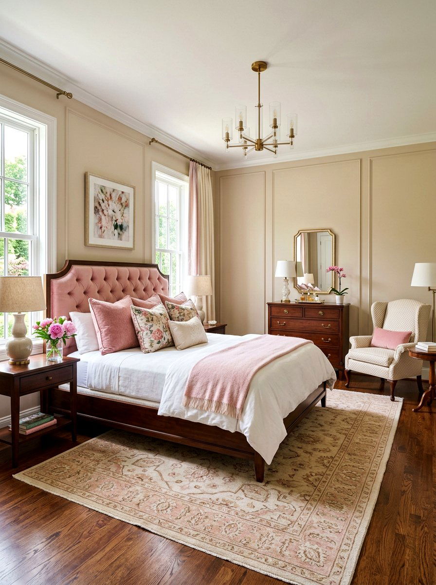 Pink Beige Transitional Bedroom - 30 pink bedroom ideas