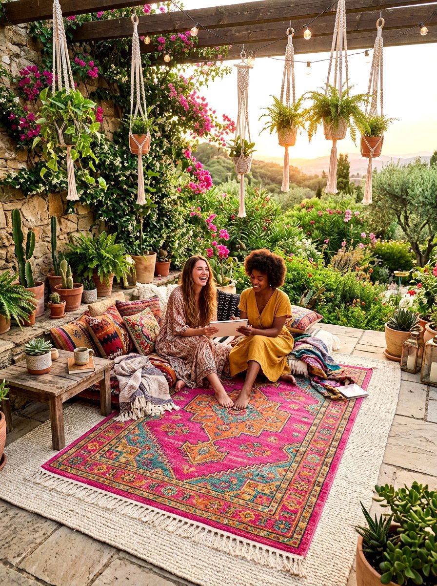 Pink Bohemian Layered Rug Combination - 30 outdoor rug layering ideas