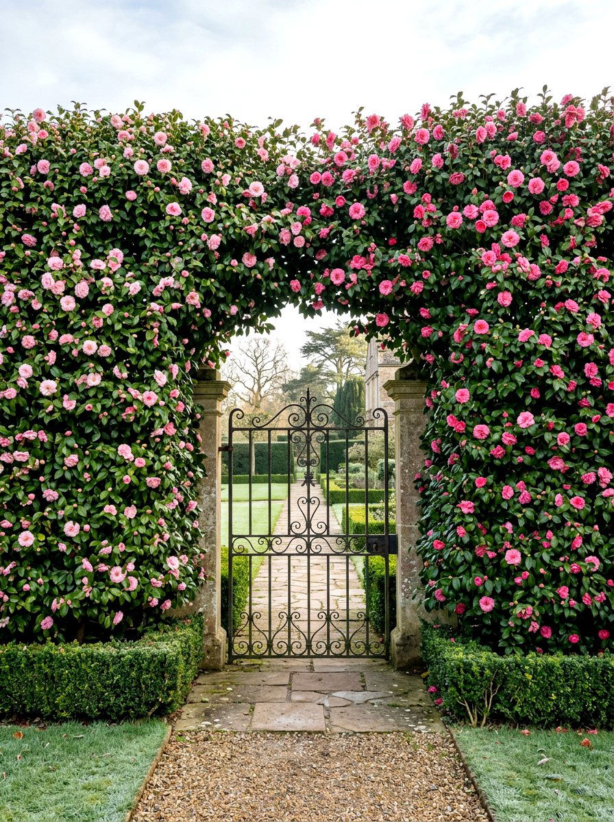 Pink Camellia Privacy Screen - 30 pink flower bed ideas