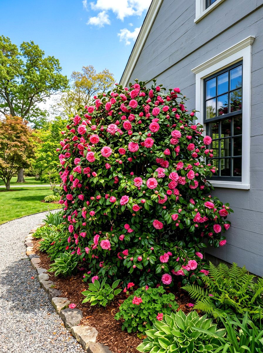 Pink Camellia Shrub - 30 early spring flower bed ideas