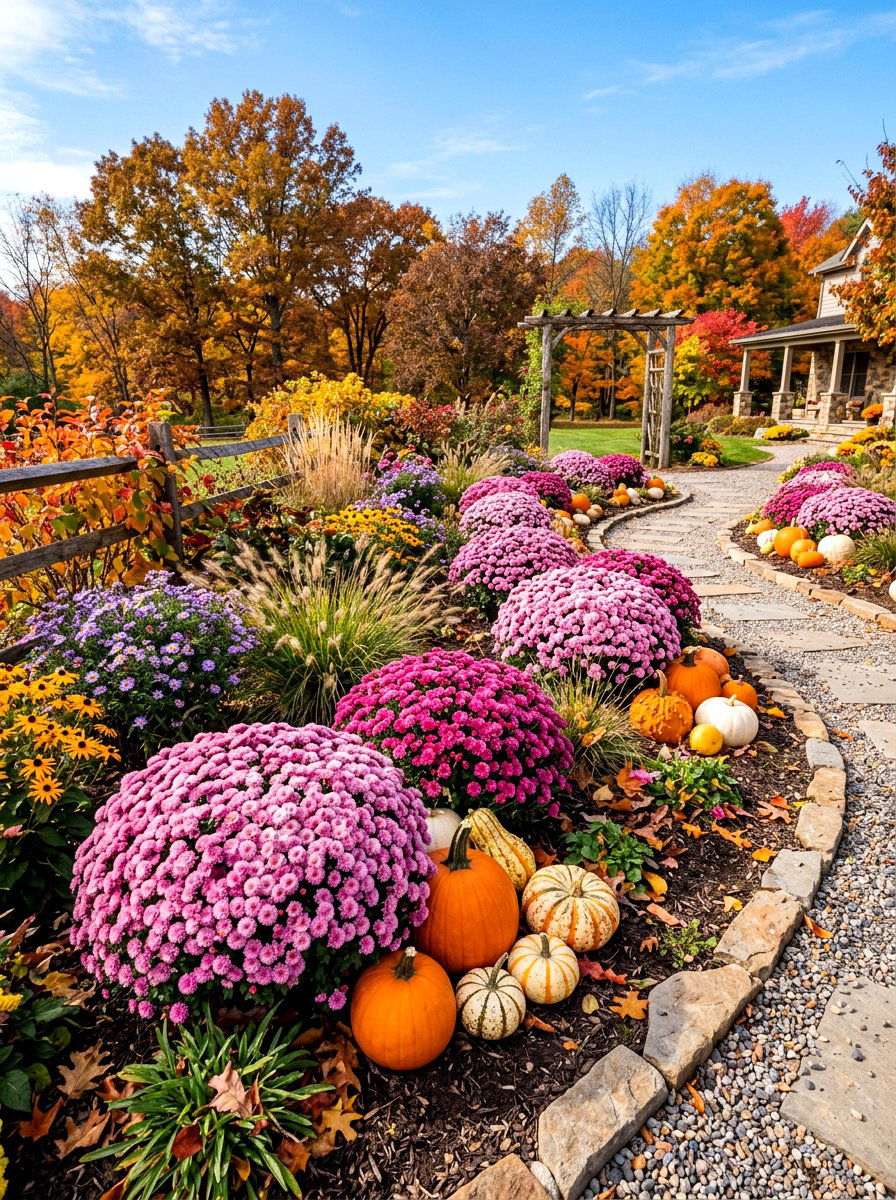Pink Chrysanthemum Autumn Bed - 30 pink flower bed ideas