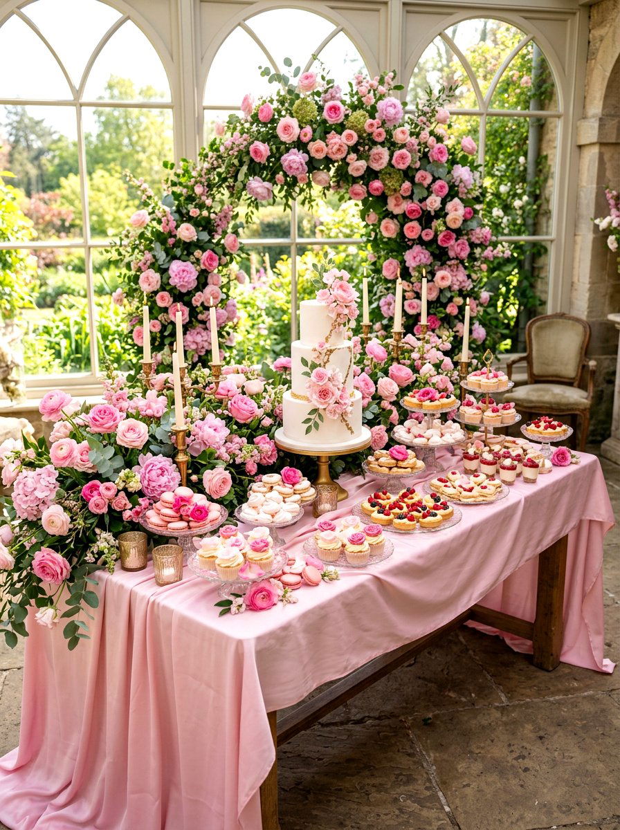Pink Floral Dessert Table - 30 dessert table decor ideas