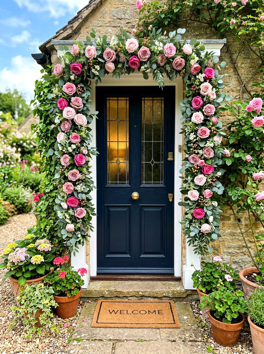 Pink Floral Garland - 30 front porch Valentine decor ideas