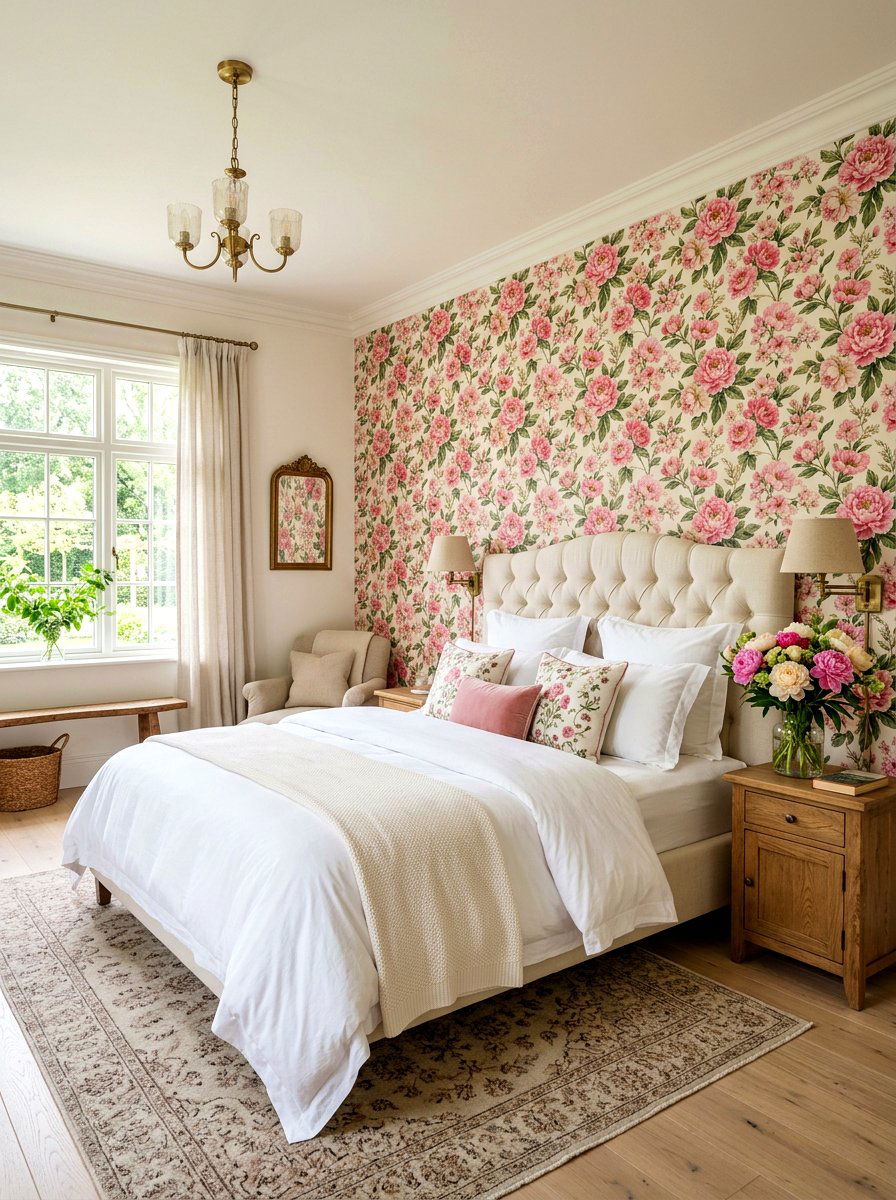 Pink Floral Wallpaper - 30 frilly bedroom ideas