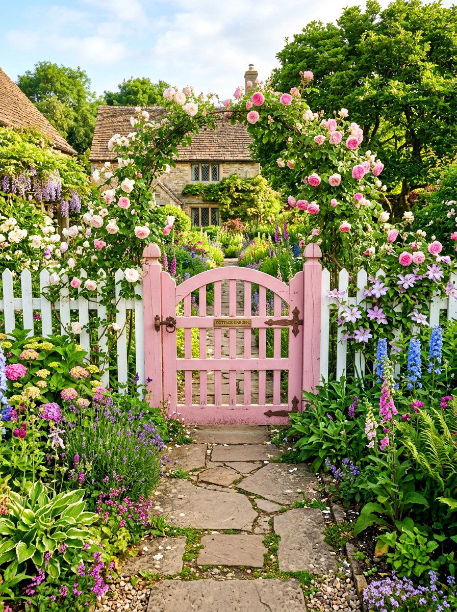 Pink Garden Gate - 30 colorful garden decor ideas