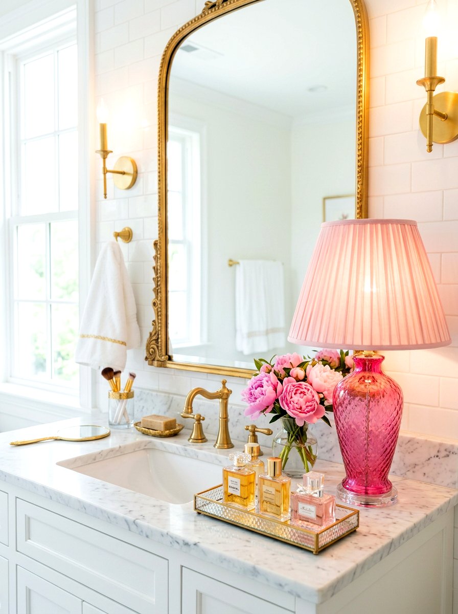 Pink Glass Lamp - 30 mini lamp bathroom counter ideas