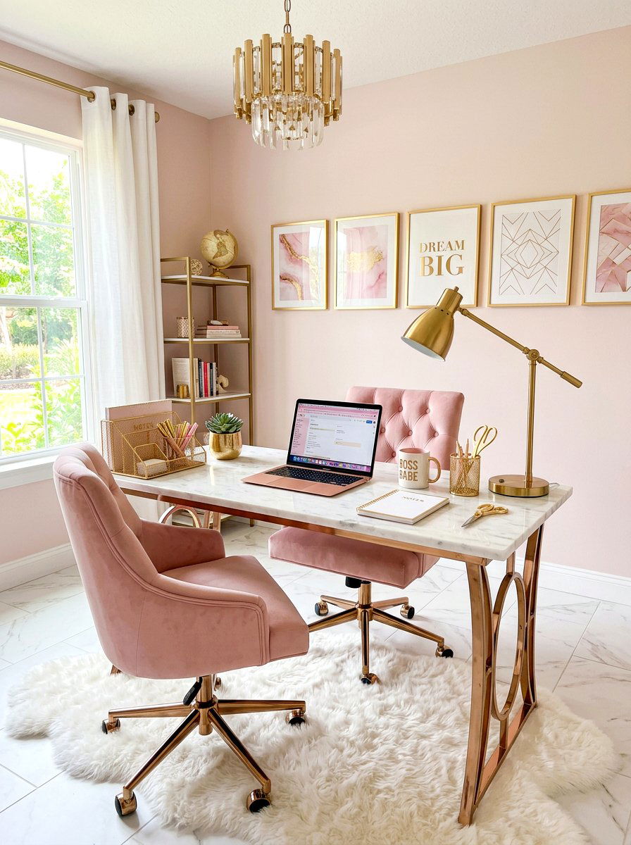 Pink Gold Office - 30 Pinterest home office ideas