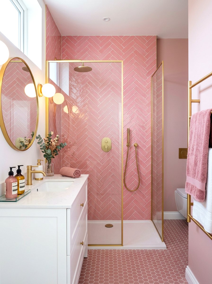 Pink Herringbone Shower Tile - 30 herringbone shower tile ideas