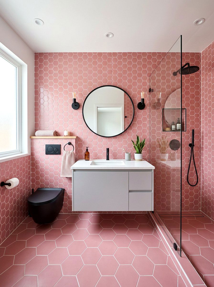 Pink Hexagon Tile Bathroom - 30 hex tile bathroom ideas