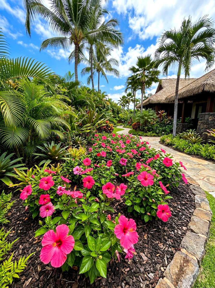 Pink Hibiscus Tropical Bed - 30 pink flower bed ideas