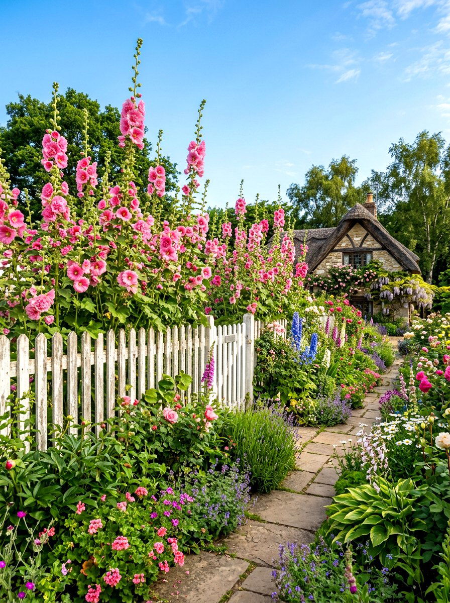 Pink Hollyhock Backdrop - 30 pink flower bed ideas