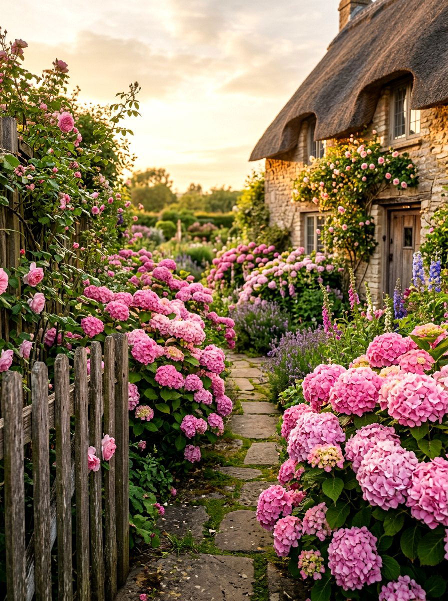 Pink Hydrangea Cottage Garden - 30 hydrangea garden border ideas
