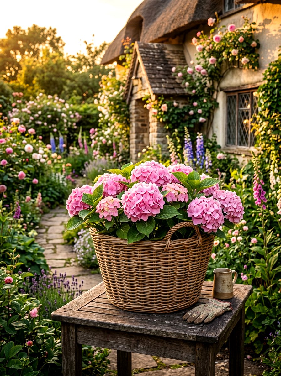 Pink Hydrangea In Wicker Basket - 30 hydrangea porch planter ideas