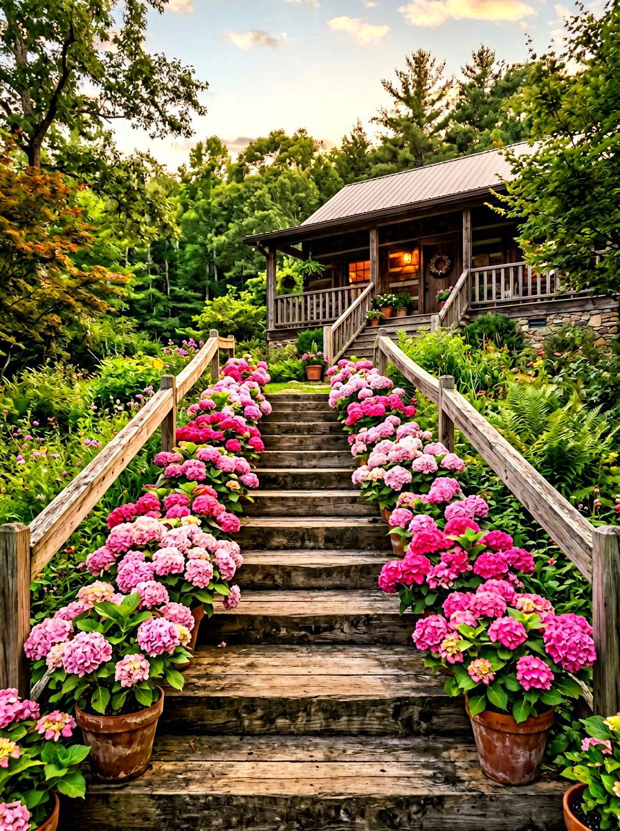 Pink Hydrangea Rustic Step - 30 front porch hydrangea ideas