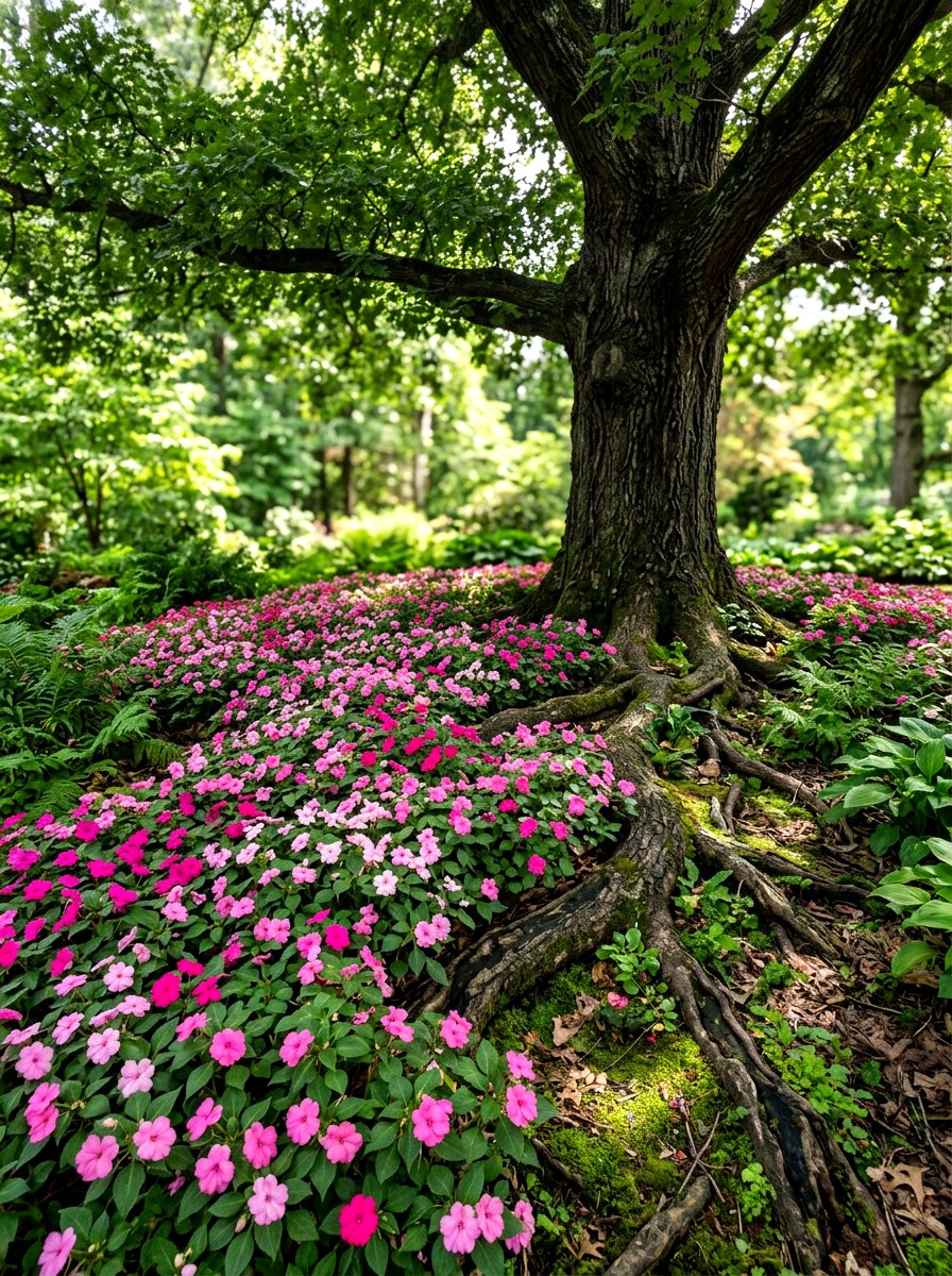 Pink Impatiens Under Tree - 30 pink flower bed ideas