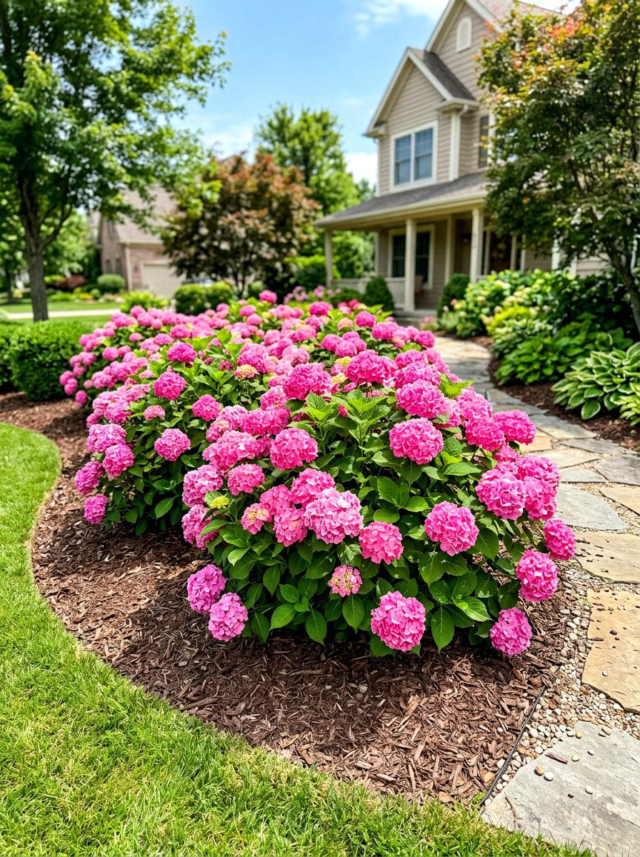 Pink Mophead Flower Bed - 30 hydrangea border curb appeal ideas