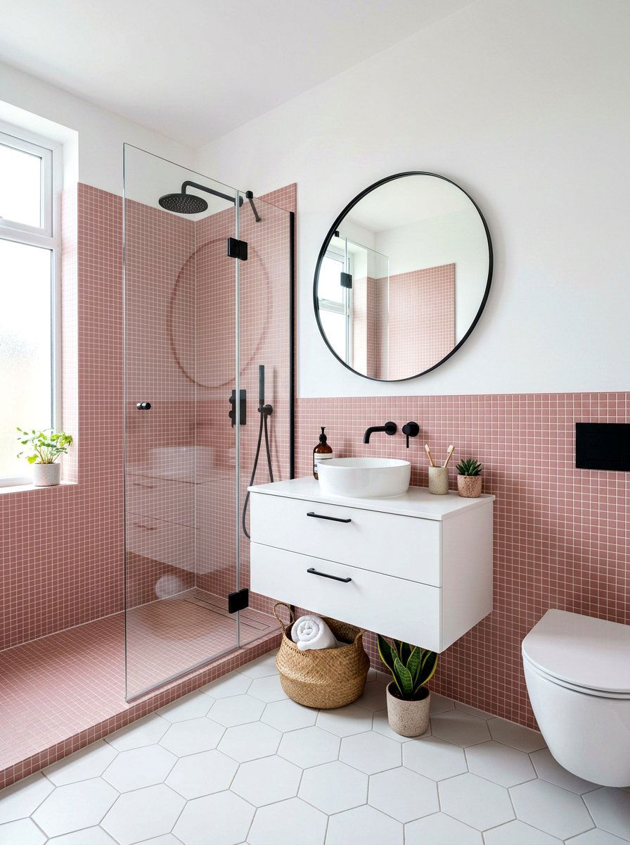 Pink Mosaic Tile Bathroom - 30 half tiled bathroom ideas