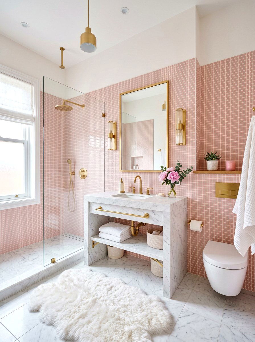 Pink Mosaic White Grout - 30 light grout bathroom ideas