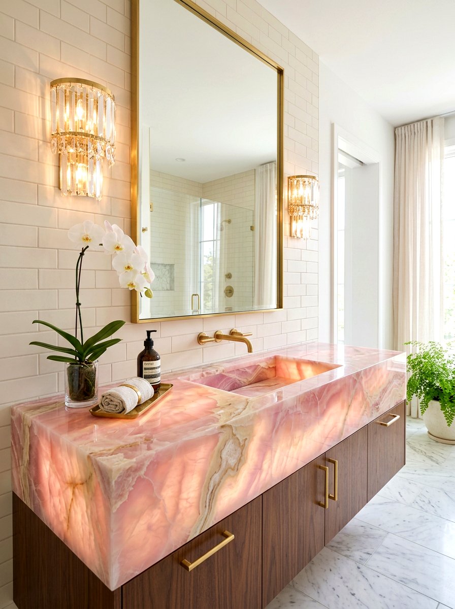 Pink Onyx Integrated Sink - 30 integrated stone vanity ideas