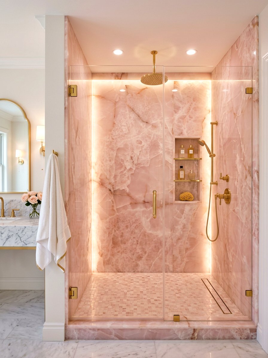 Pink Onyx Shower - 30 stone slab shower ideas