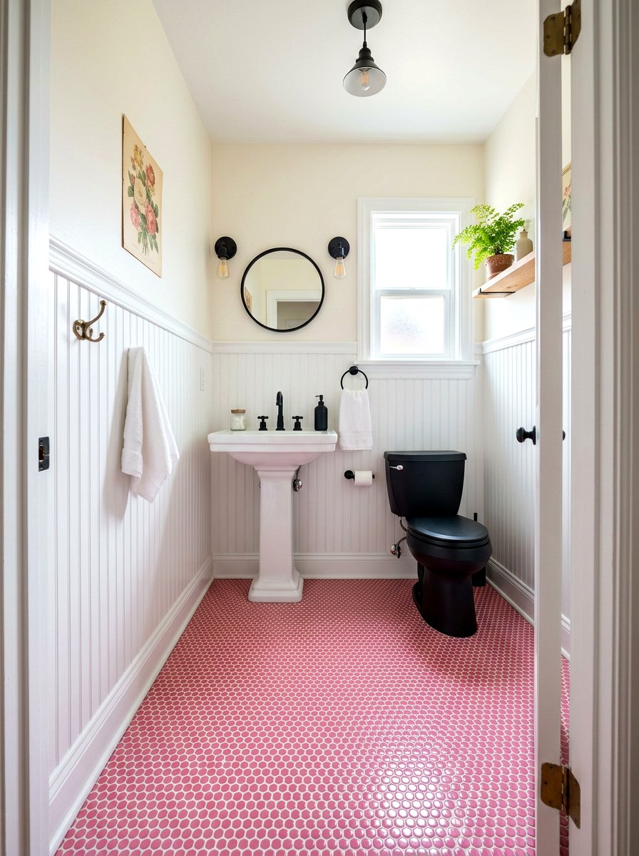 Pink Penny Tile Floor - 30 colorful bathroom tile ideas