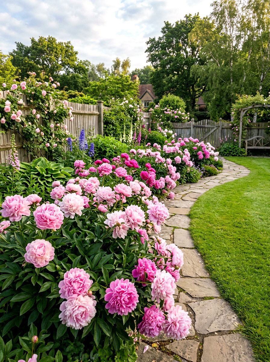 Pink Peony Border - 30 pastel flower bed ideas
