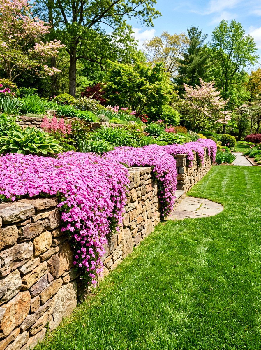 Pink Phlox Retaining Wall - 30 pink flower bed ideas