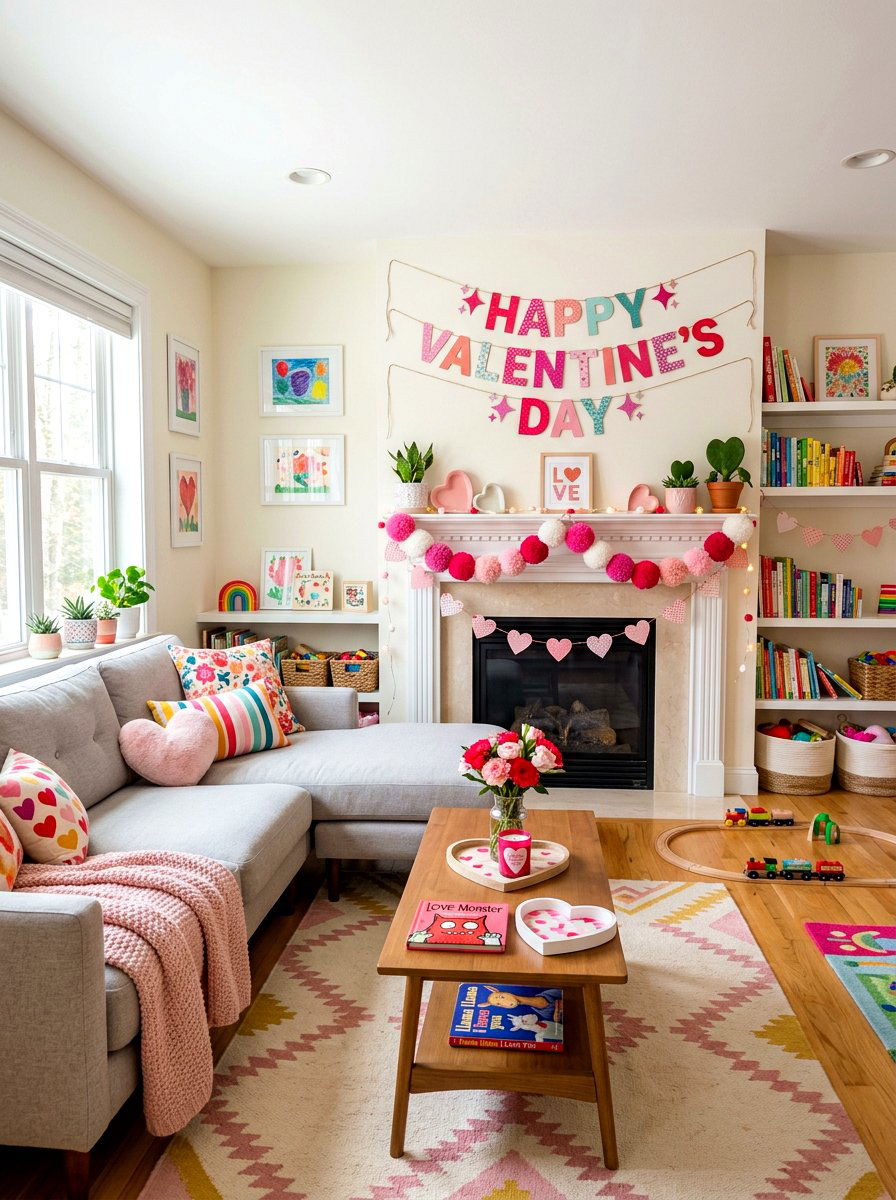Pink Pom Pom Kids Valentine Mantel - 30 Valentine mantel ideas