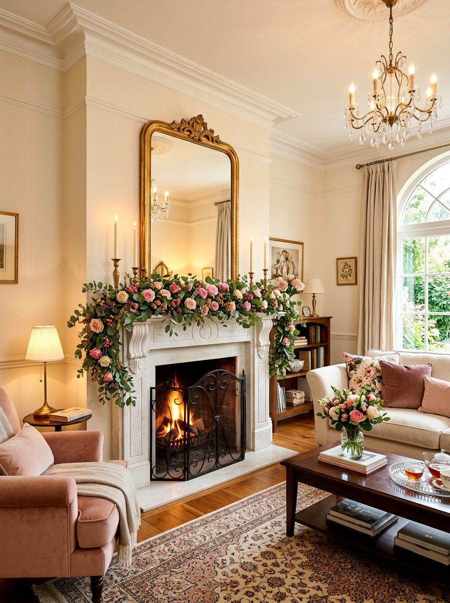 Pink Rose Eucalyptus Romantic Mantel - 30 Valentine mantel ideas
