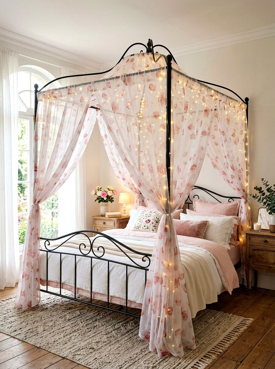 Pink Rose Petal Canopy Bed - 30 rose print bedroom ideas