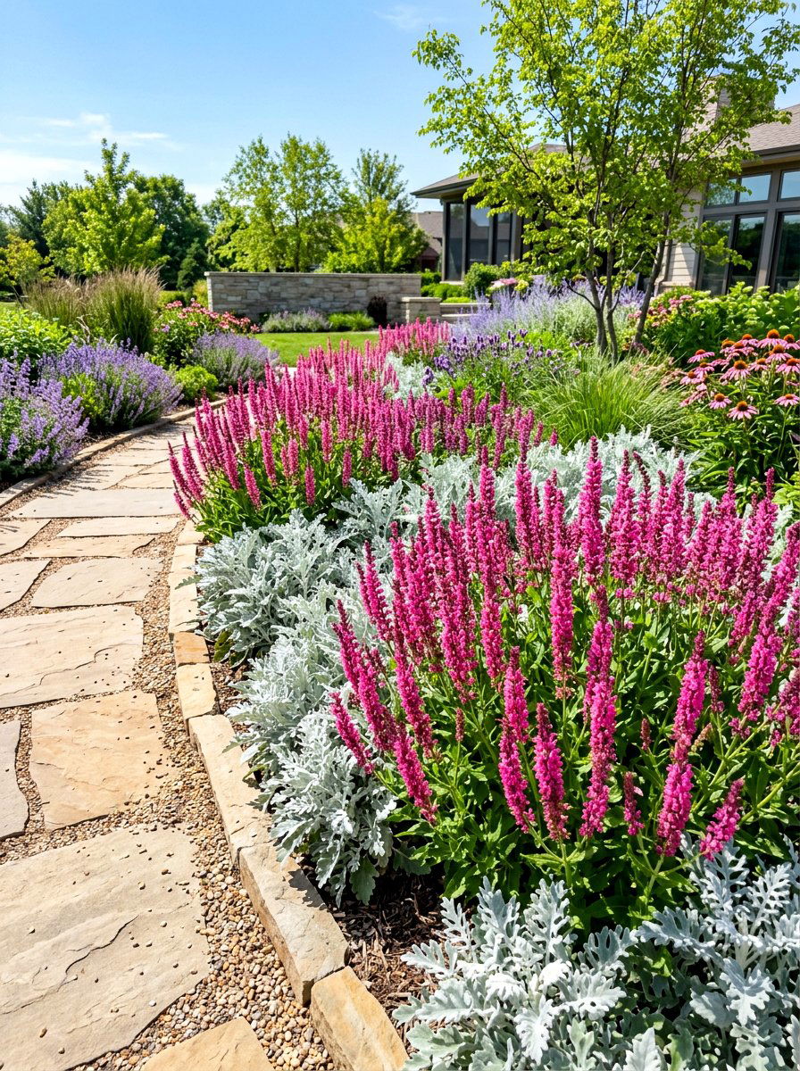 Pink Salvia Border - 30 pink flower bed ideas