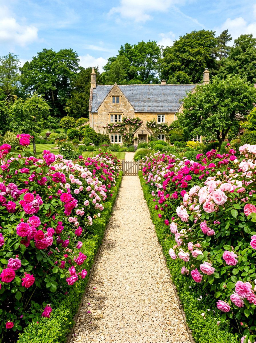 Pink Shrub Rose Walkway - 30 cottage rose border ideas