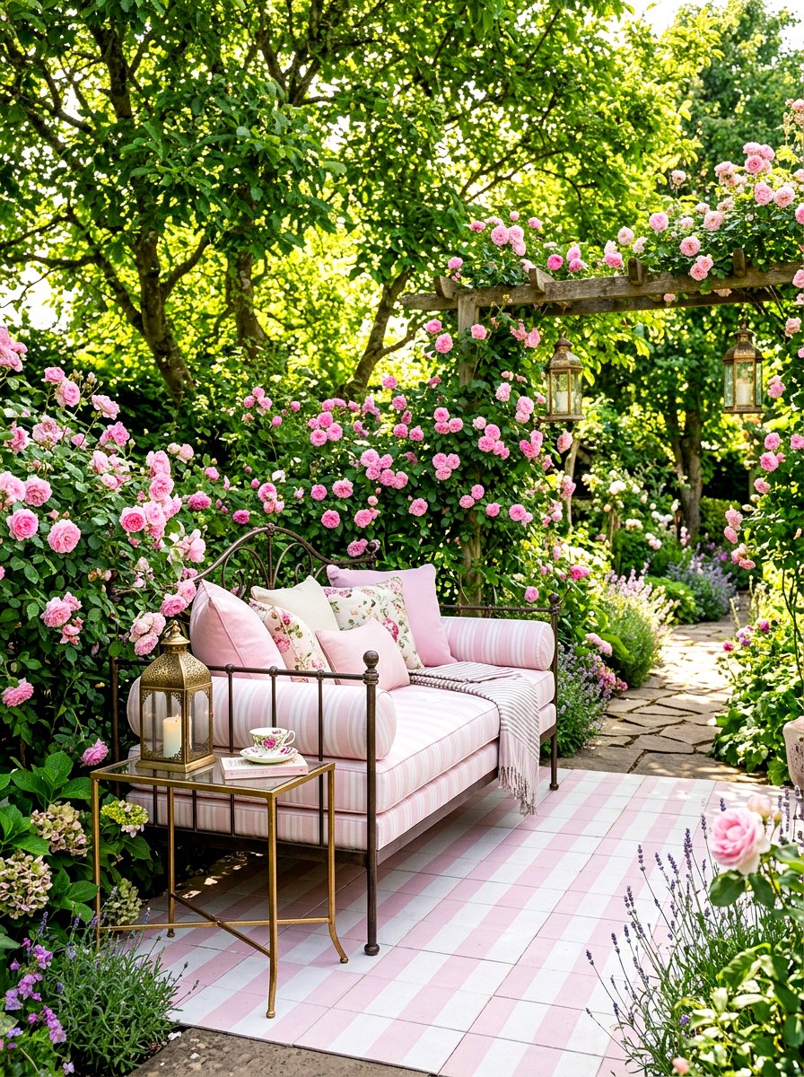 Pink Stripe Garden Nook - 30 cabana stripe patio ideas