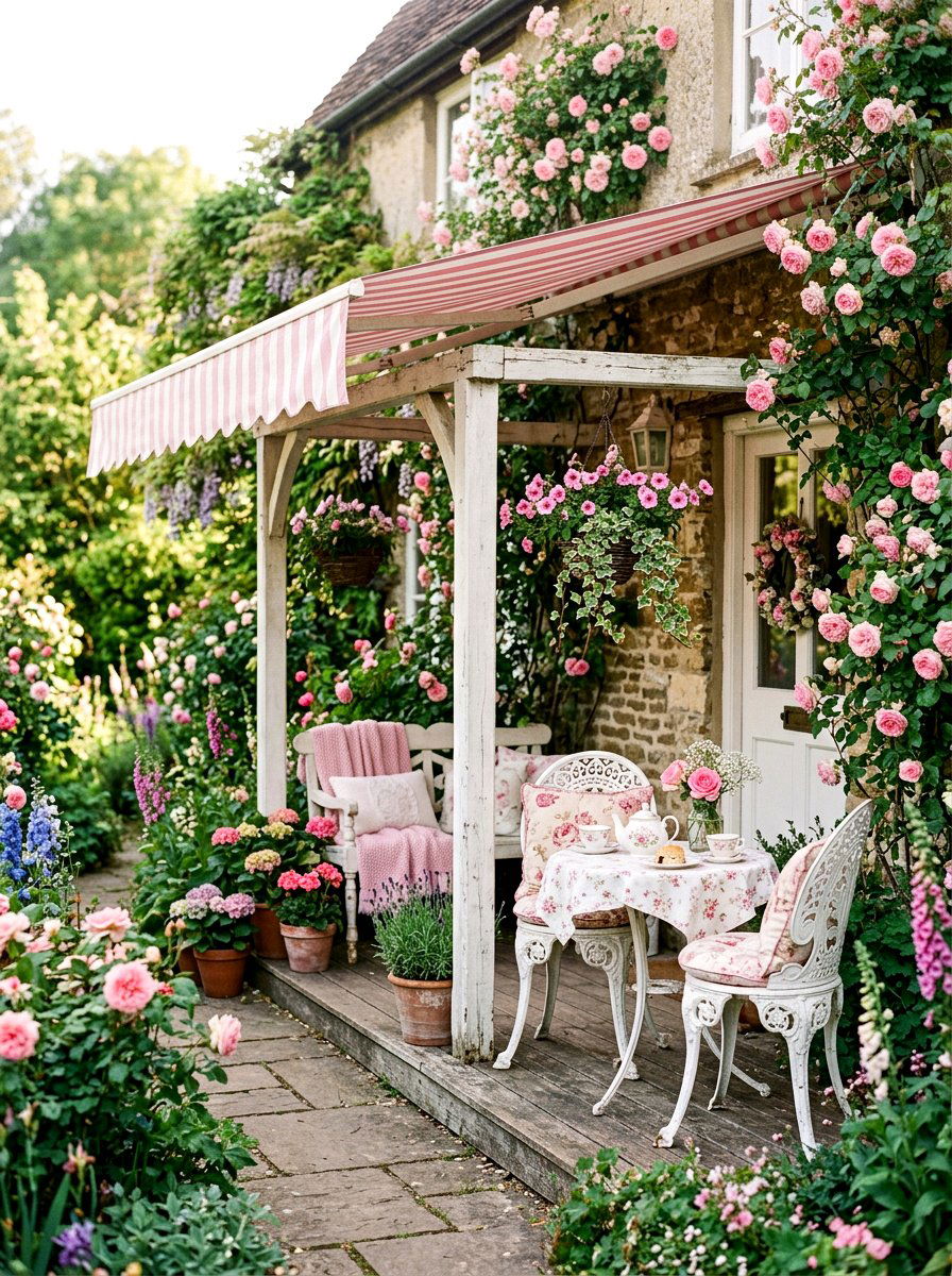 Pink Striped Cottage Core Awning - 30 striped awning front porch ideas