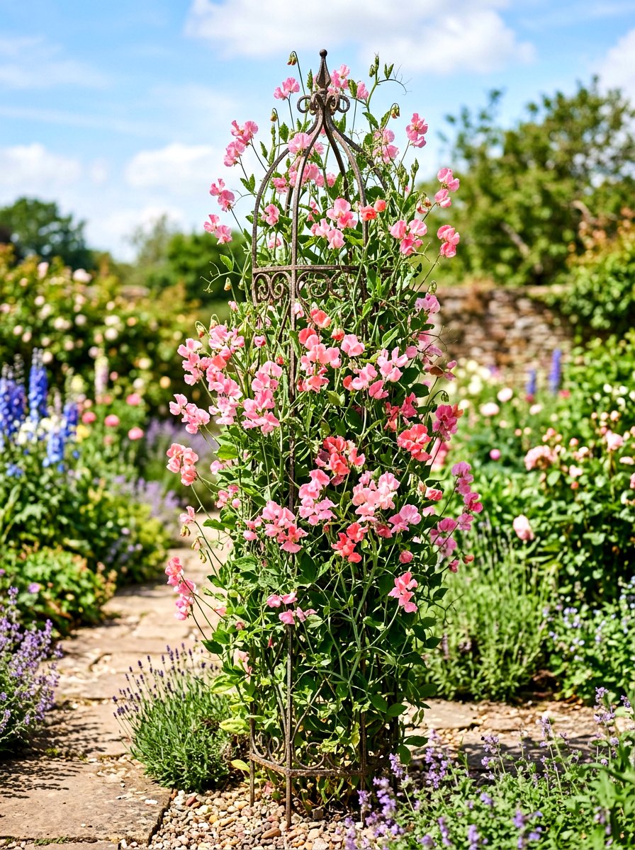 Pink Sweet Pea Trellis - 30 pink flower bed ideas