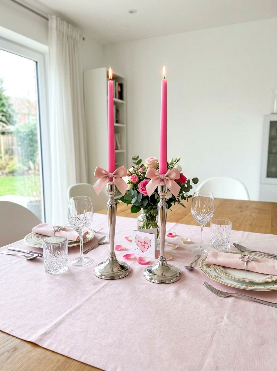 Pink Taper Valentine Candle With Satin Bow - 30 bow and candle Valentine ideas
