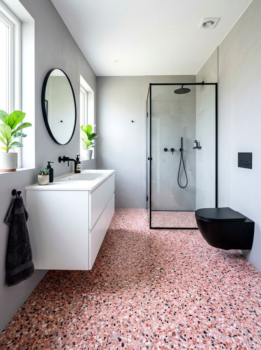 Pink Terrazzo Floor - 30 jewel box bath ideas