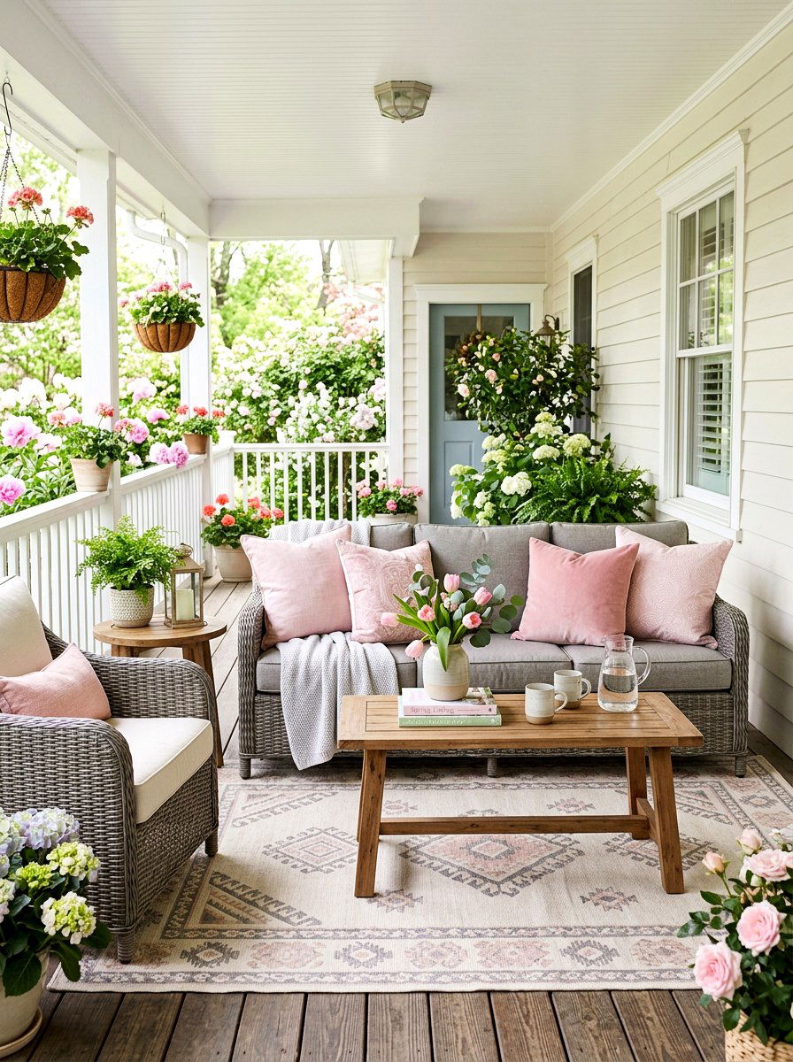 Pink Throw Pillow - 30 front porch spring refresh ideas