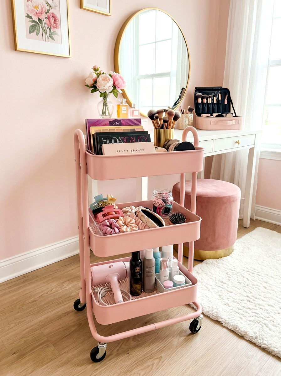 Pink Tiered Rolling Cart - 30 aesthetic bathroom cart ideas