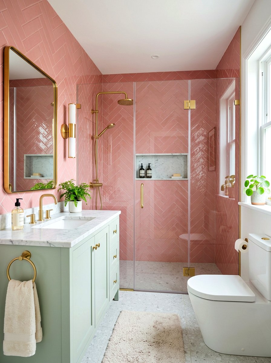 Pink Tile Wall - 30 dopamine bathroom ideas