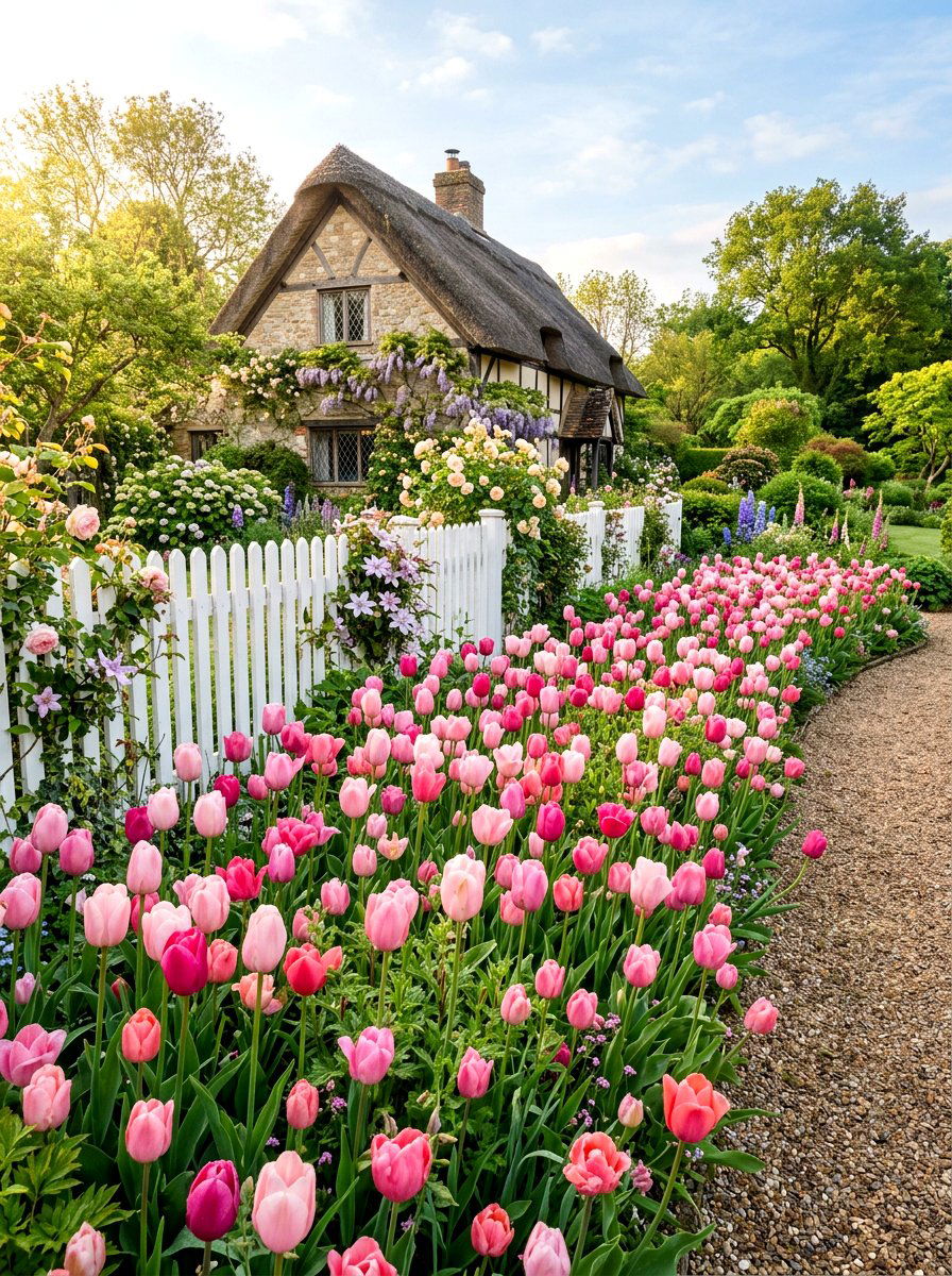 Pink Tulip Border - 30 tulip garden ideas