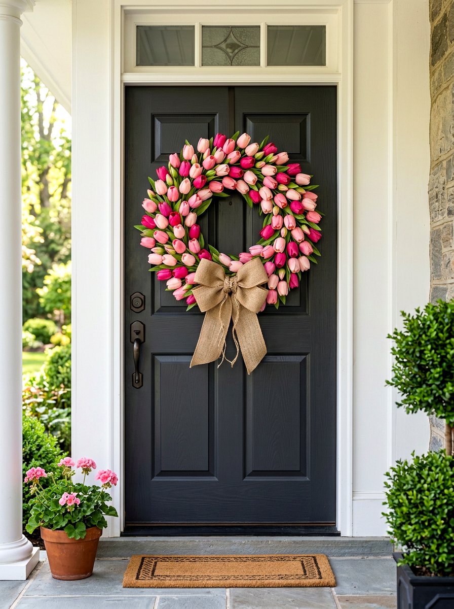 Pink Tulip Wreath - 30 spring wreath ideas for front door