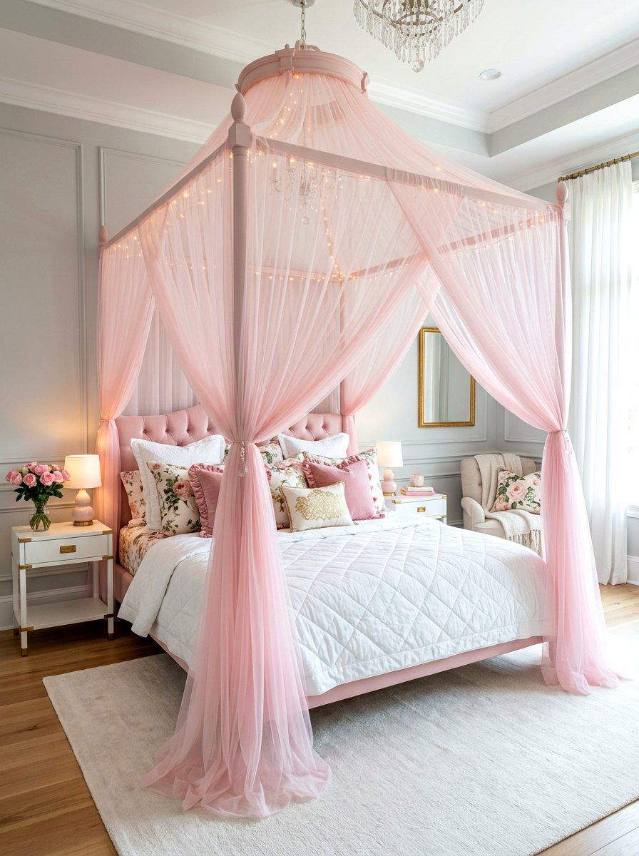 Pink Tulle Canopy Bed - 30 kids tent reading nook ideas