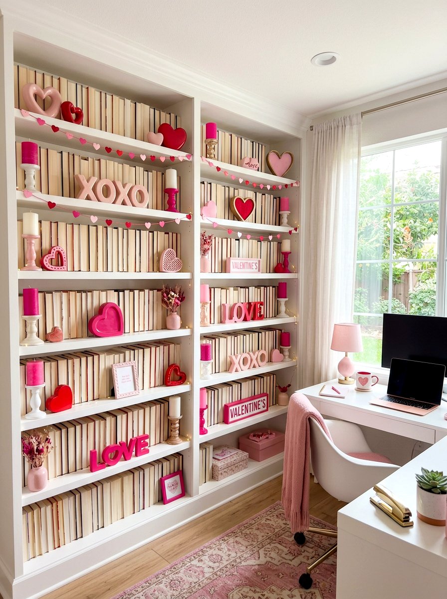 Pink Valentine Bookshelf Styling - 30 Valentine home decor ideas