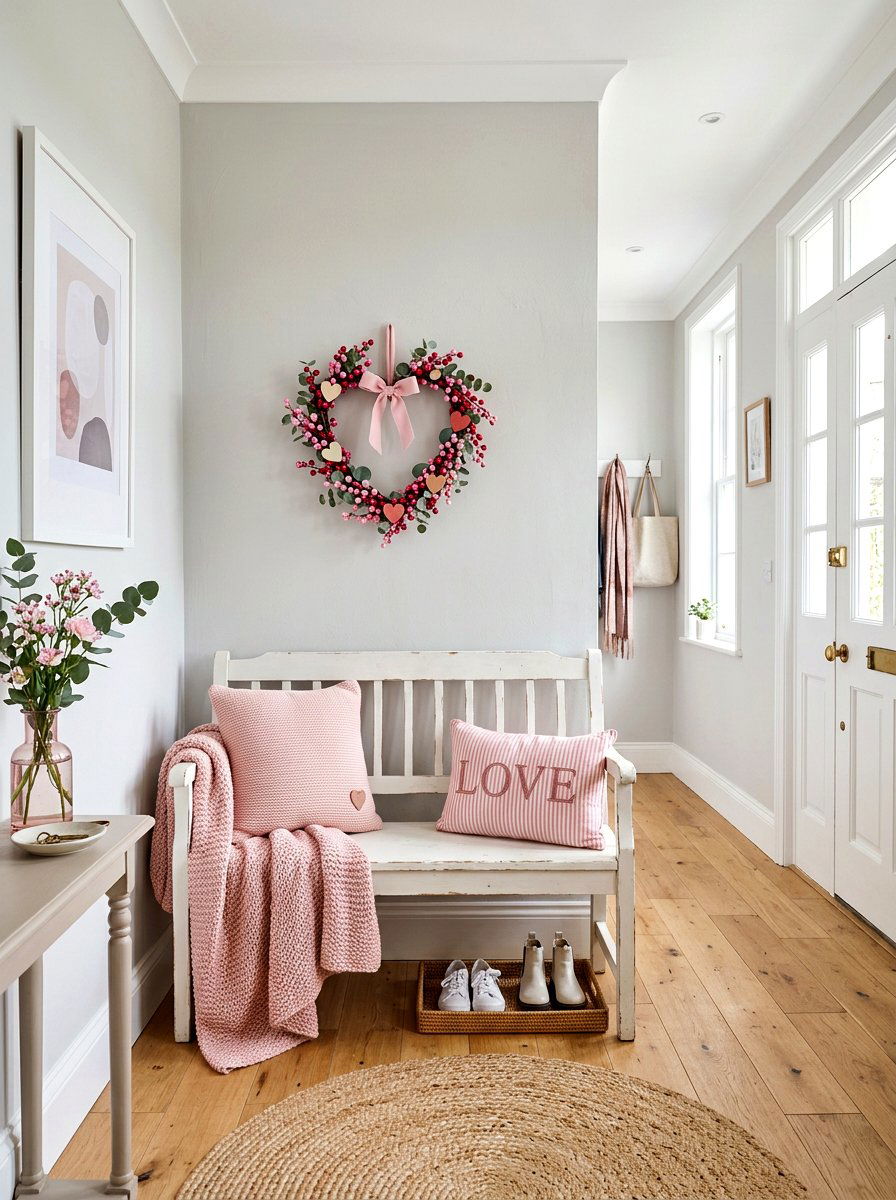 Pink Valentine Entryway Bench - 30 Valentine home decor ideas