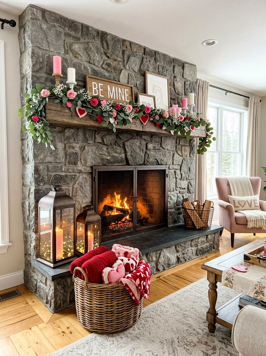Pink Valentine Fireplace Hearth Styling - 30 Valentine home decor ideas